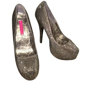 Bordello Rhinestone Platform Stilettos – Silver Sparkle – Size 6.5–7